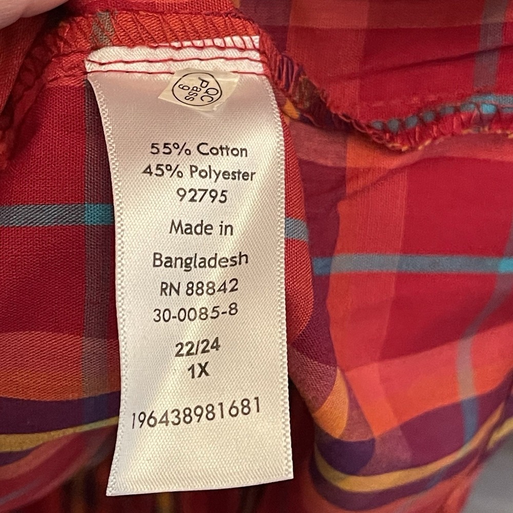 Woman‎ Within Red Plaid Button Up Long Sleeve Shirt 22 24 Preppy Classic New - Picture 4 of 7